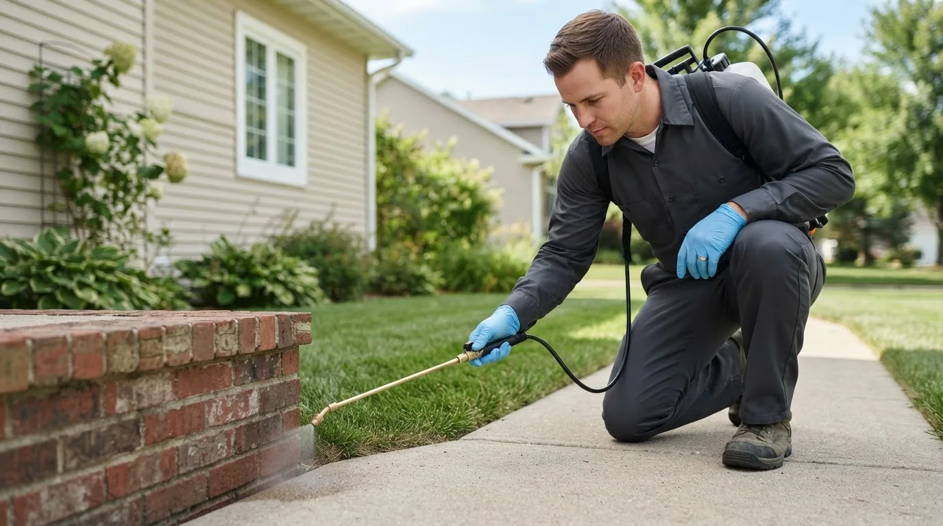 Pest control technician treating a home near Dracut, MA